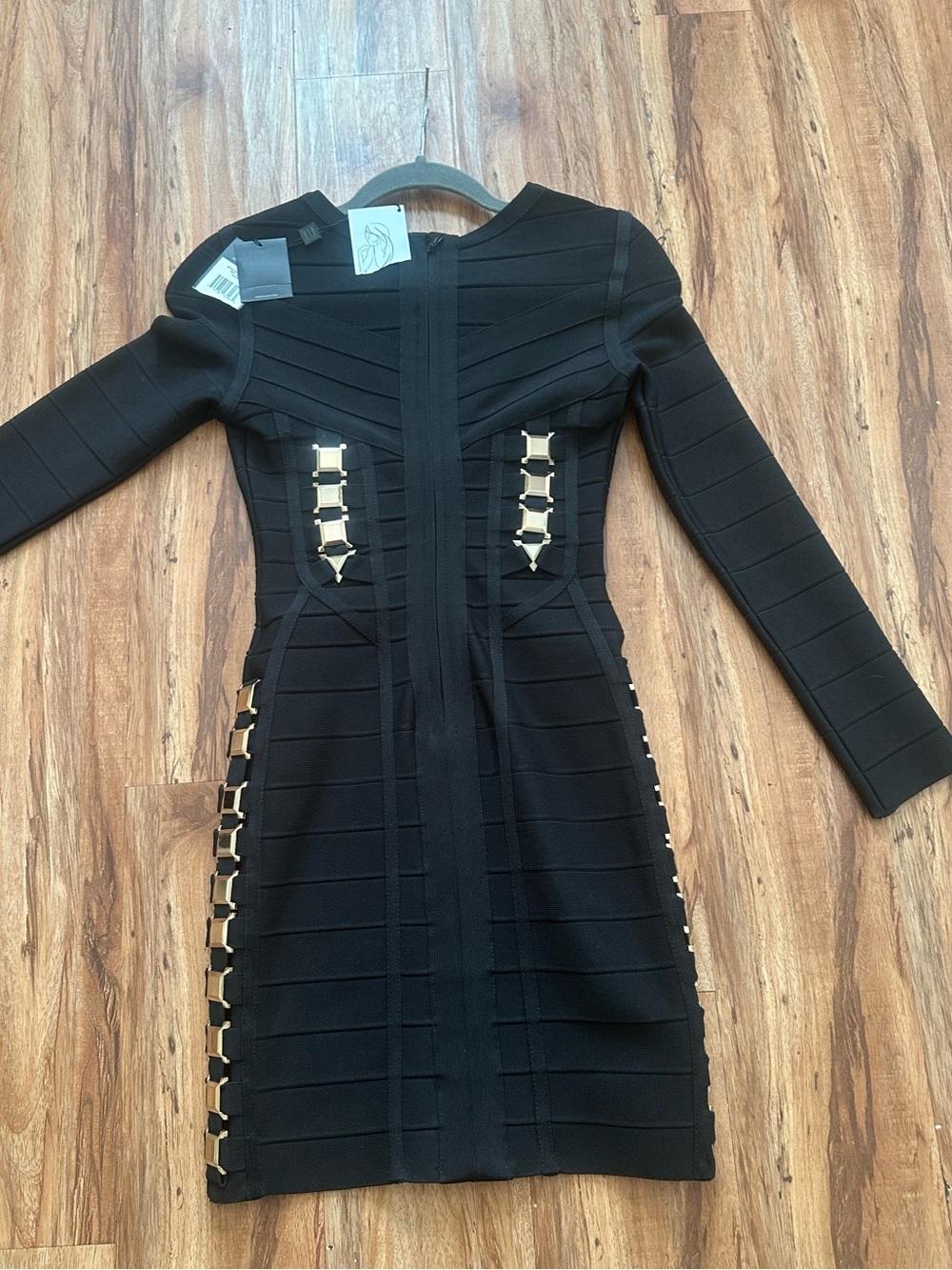 Black Long-Sleeve Bandage Dress with Gold Hardware